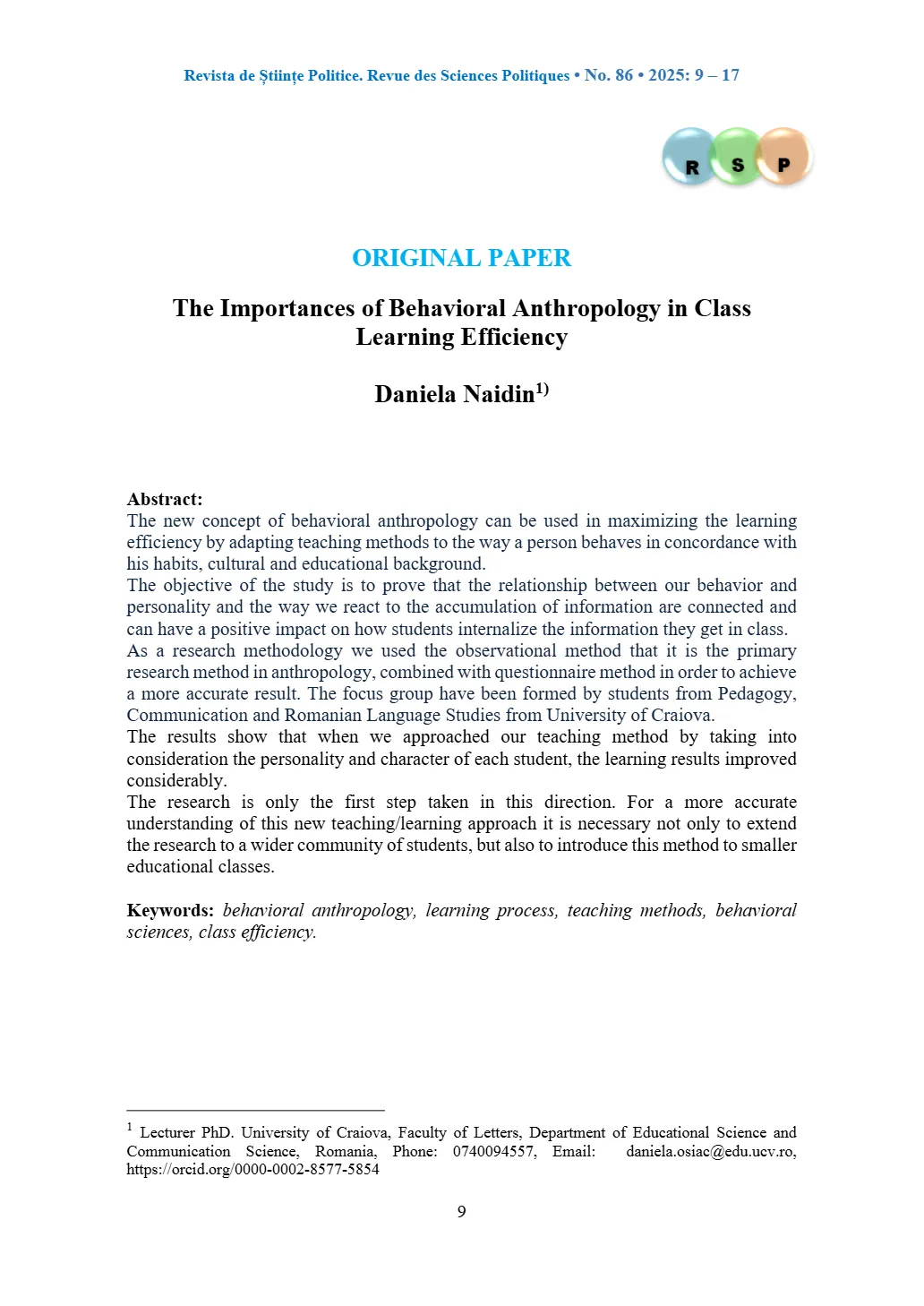 The Importances of Behavioral Anthropology in Class Learning Efficiency