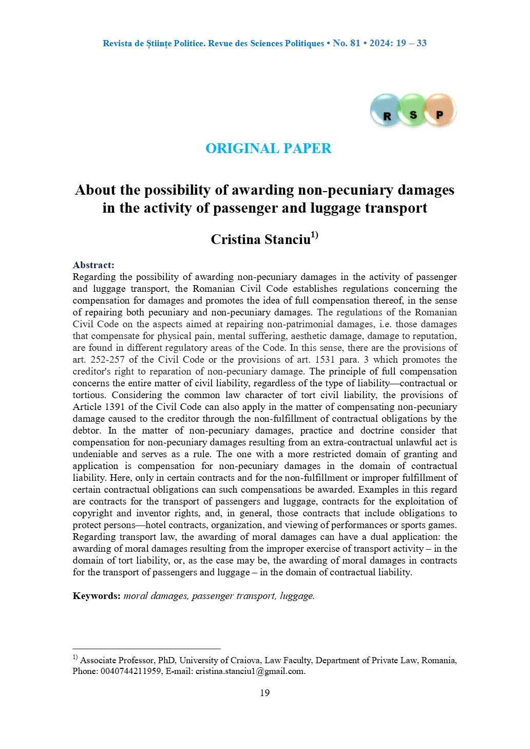 About the possibility of awarding non-pecuniary damages in the activity of passenger and luggage transport