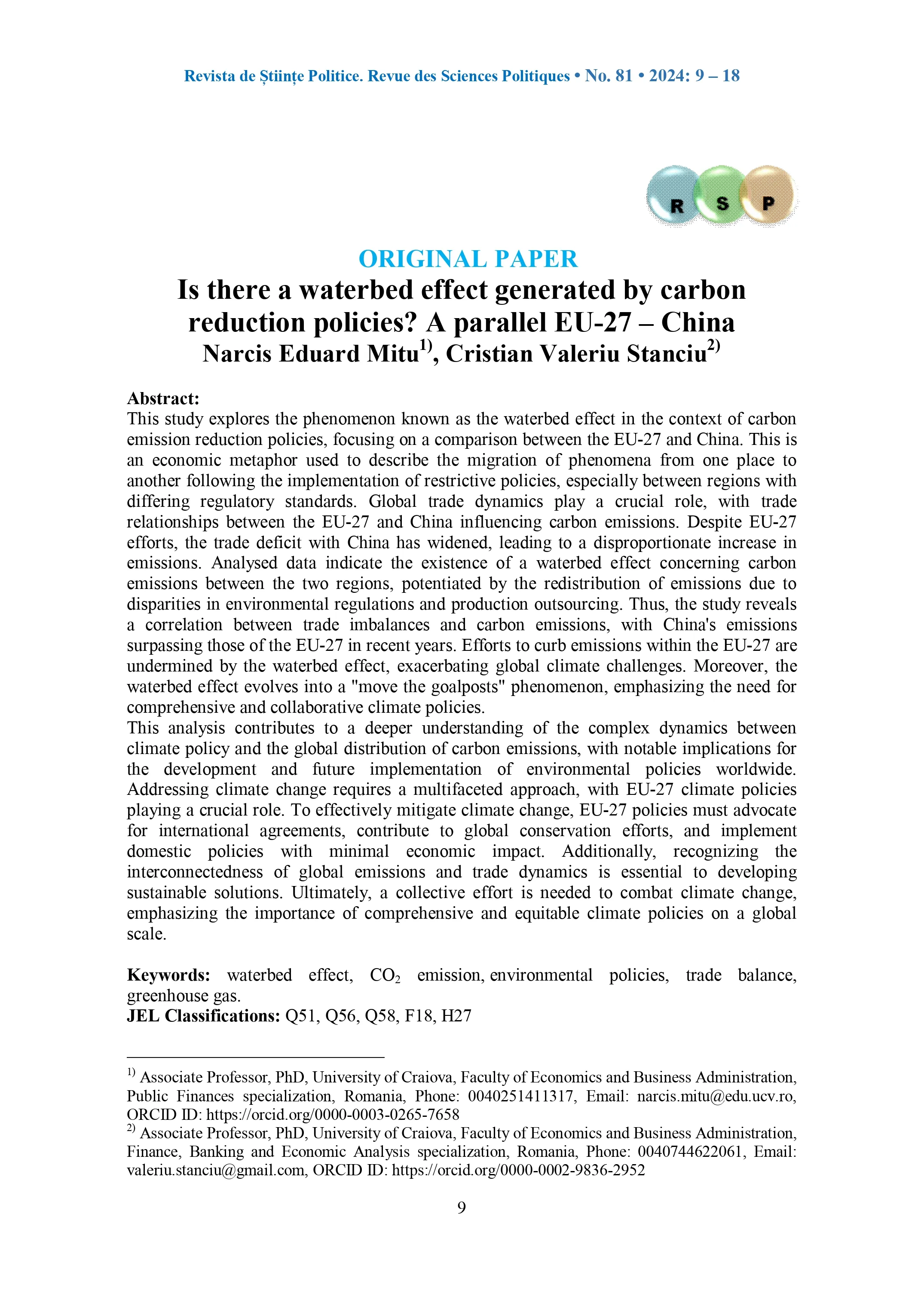 Is there a waterbed effect generated by carbon reduction policies? A parallel EU-27 – China